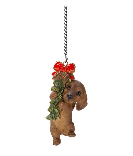 Ντάτσχουντ (Dachshund) σκύλος, κρέμεται από γιρλάντα με φιογκάκι, στολίδι