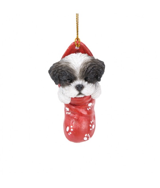 Σιχ Τσου (Shih Tzu) σκύλος, ασπρόμαυρος, μέσα σε κάλτσα, κρεμαστό